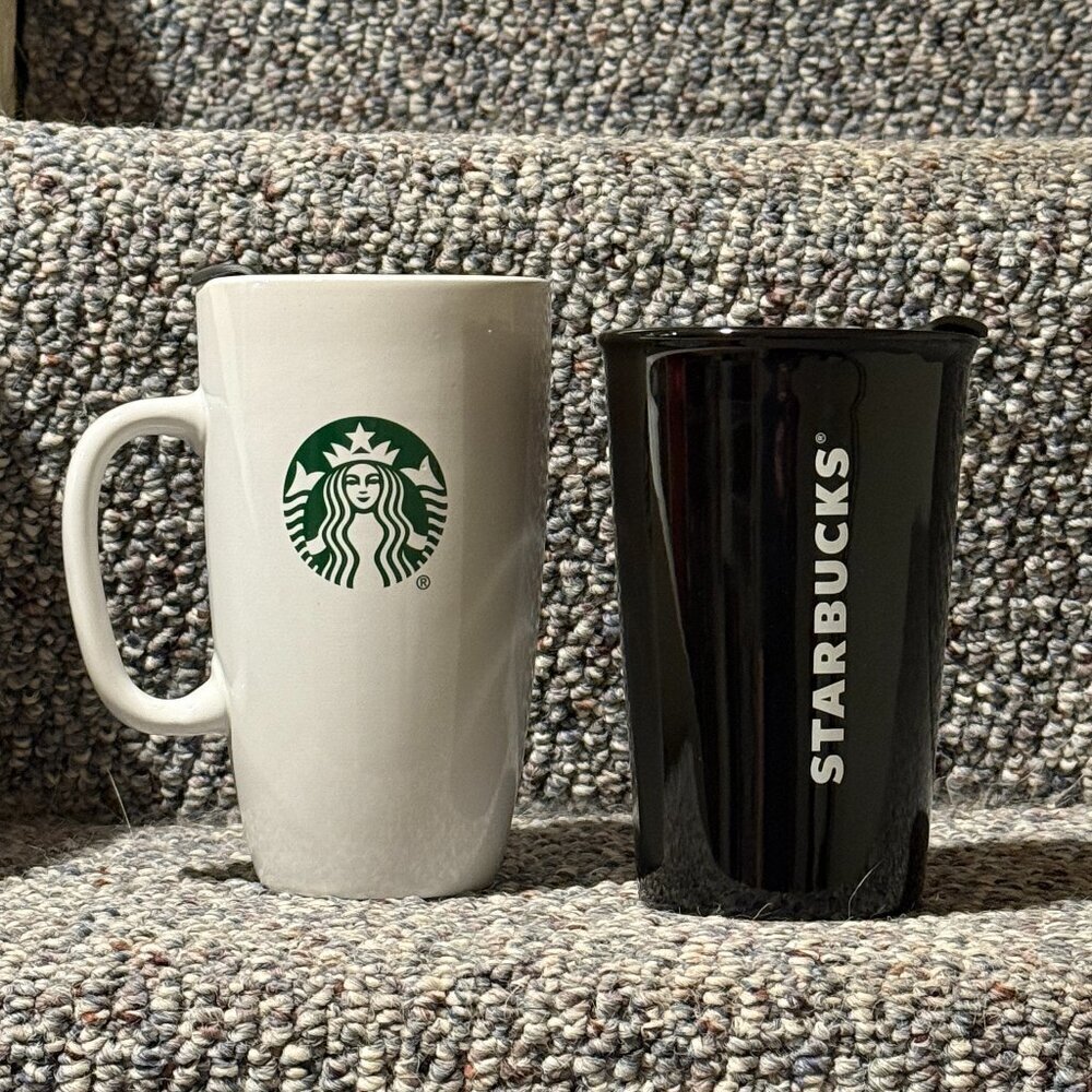 Two Starbucks Coffee Tumblers With Lids 1 White 16oz 1 Black 8oz
